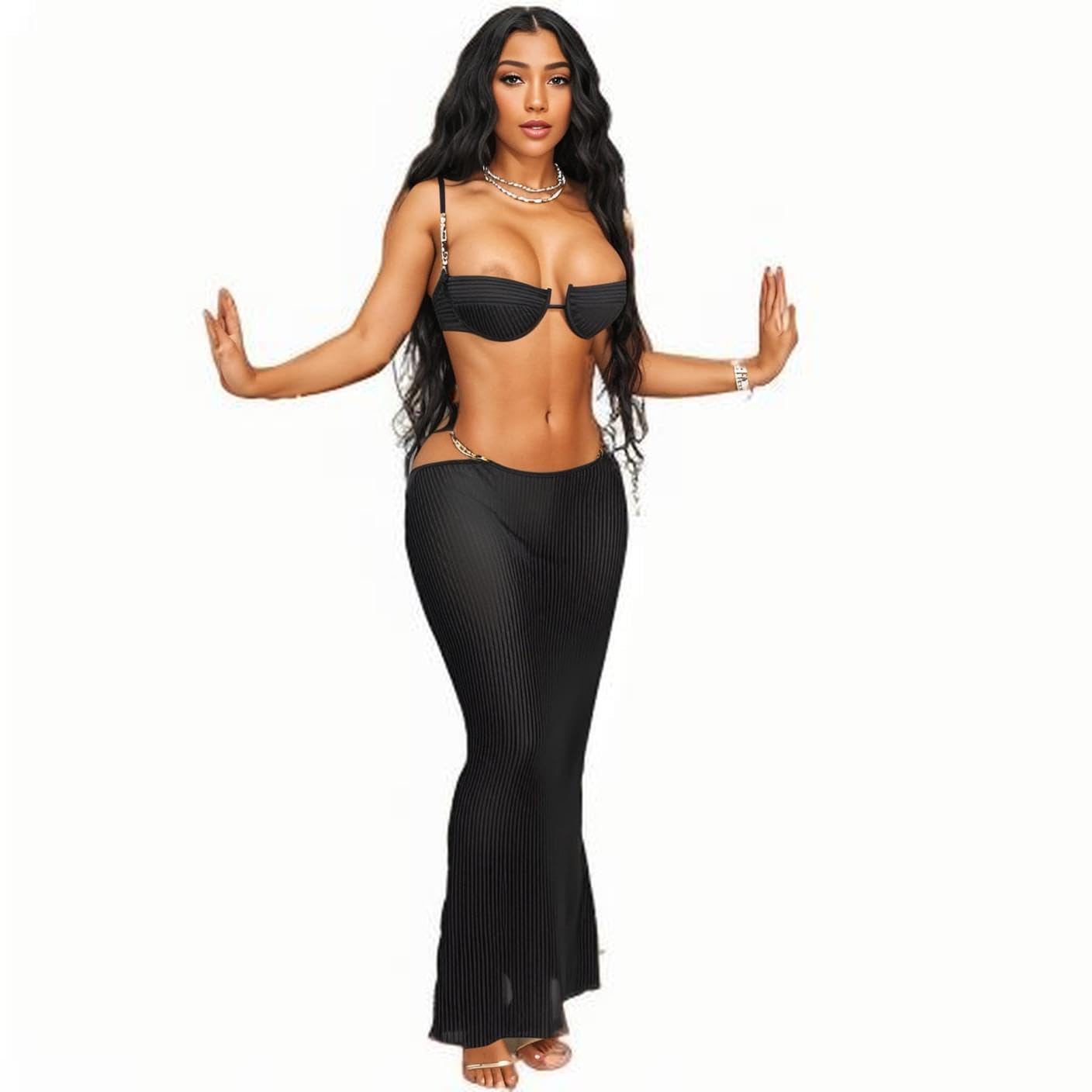 Women's Dress Set, Sexy Knitted Mesh See-Through Lingerie Set, Slim-Fit Party Club Maxi Skirt