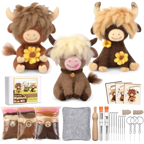 Yizzvb Needle Felting Kit Highland Cow Family Needle Felting Kits for Beginners Adult with Instruction Wool Felting Needles Felting Pad Wool Felting Kits for Beginners DIY Home Decoration