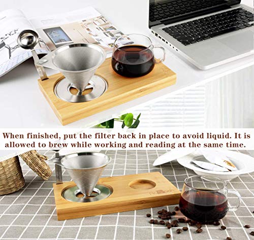 Pour Over Coffee Dripper Set Include Stainless Steel Paperless Reusable Filters, 8 Ounce Glass Cup, Spoon and Bamboo Base, Portable Single Cup Coffee Maker for Home Office - Gift-ready Package