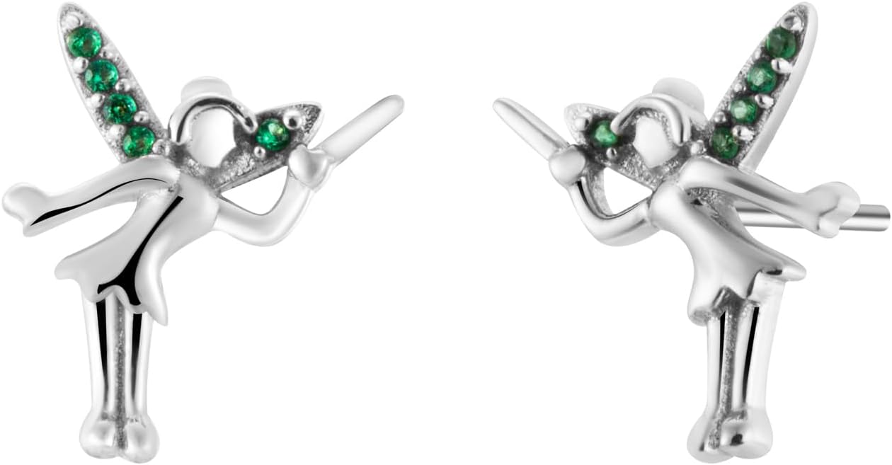 Tinkerbell Green Crystal Fairy Stud Earrings with 925 Sterling Silver Posts Jewelry For Her Women