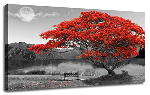 Ardemy Canvas Wall Art Prints Red Tree Picture Modern Lake Panoramic Moon Painting