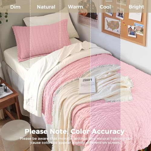Image of HYMOKEGE Pink /Ivory Twin XL Comforter Set Seersucker 5 Pieces, All Season Luxury Bed in a Bag for Bedroom, Bedding Set with Comforter, Sheets, Pillowcase & Sham