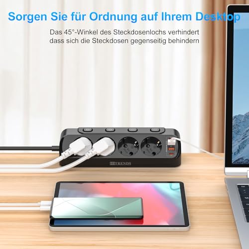 Tischsteckdose mit USB,8 in 1 Steckdosenverteiler Flachstecker mit 3M Kabel für Smartphones,4-Fach Schaltbar, 2 USB-C, 2 USB-A,Steckdosenleiste Schreibtisch einzeln Schaltbar, Schwarz 4