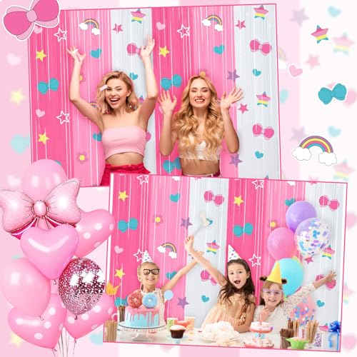 Image of Tiamon 2 Pack Kitty Party Decorations 3.3 x 6.6 Ft Foil Fringe Curtains Cartoon Cat Bow Rainbow Birthday Backdrop Tinsel Streamers Photo Booth for Kawaii Theme Baby Shower Party Supplies