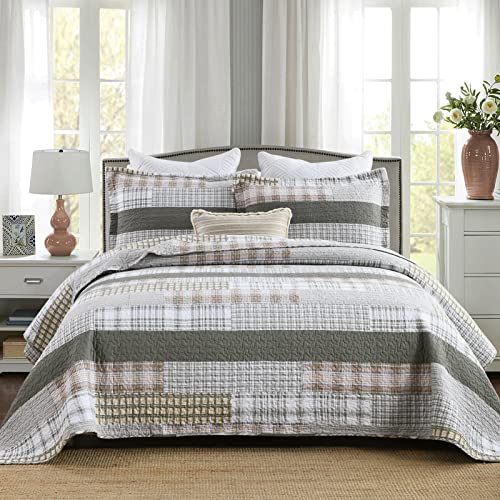 Y-PLWOMEN Juego de ropa de cama Queen – Colcha acolchada de algodón verde grisáceo y blanco, 3 piezas, ligera, reversible, para todas las estaciones, tamaño Queen
