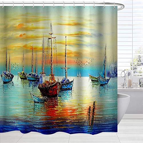 BROSHAN Nautical Shower Curtain for Mens, Abstract Oil Painting Pirate Ships Sailboat on Sea Ocean Bath Bathroom Curtains, Marine Bathroom Decor Set with Hooks