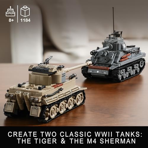 MISTBUY Buildable Ww2 Army Tank Toys - German Tiger And American Sherman Model Kits With 1184 Blocks - Great Military Gift For Kids Age 8-14