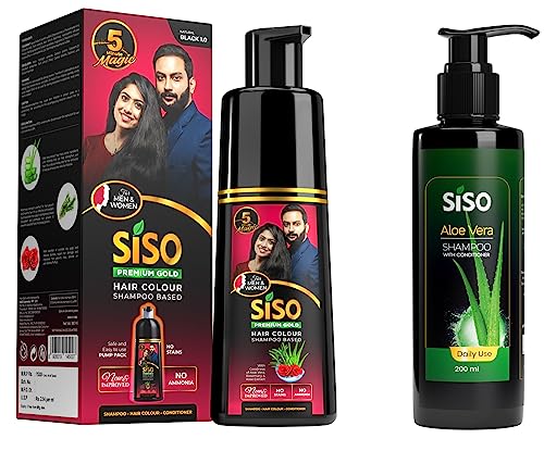 Siso Permanent Hair Color Shampoo Pump pack, Natural Black 180ml with Siso Aloe Vera Shampoo with conditioner 200ml, Daily use