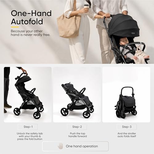 Image of Frido Autofold Travel Stroller for Babies, EN1888 Certified, One-Hand Auto-Fold & 5-Point Safety Harness, Lightweight Travel-Friendly Design with Suspension Wheels (0-4 Years, Black)