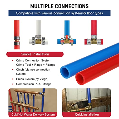 PEX Pipe 1/2 Inch 300ft 2 Rolls PEX Tubing EVOH pex-B pipe Non Oxygen Barrier Durable Leakage-Proof Flexible for Residential Water Lines in Homes Pex Radiant Heat Tubing(Red+Blue)