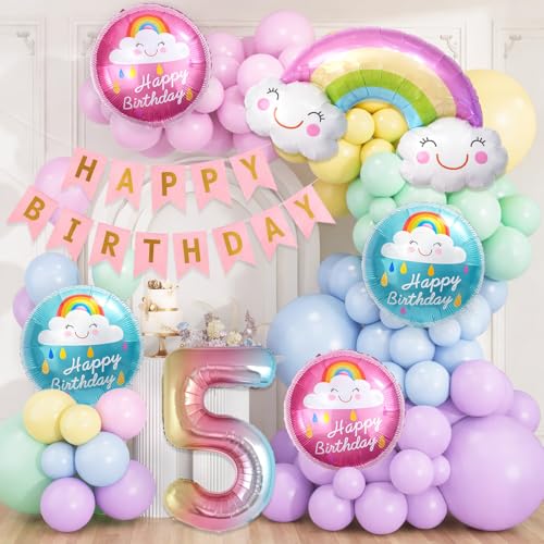 Image of 5th Birthday Decoration Kit with Number 5 Foil Balloon, Rainbow Foil Balloon, Rainbow Theme 5th Birthday Decorations Items and Pastel Latex Balloons for Party Decor Set of 59 Pcs