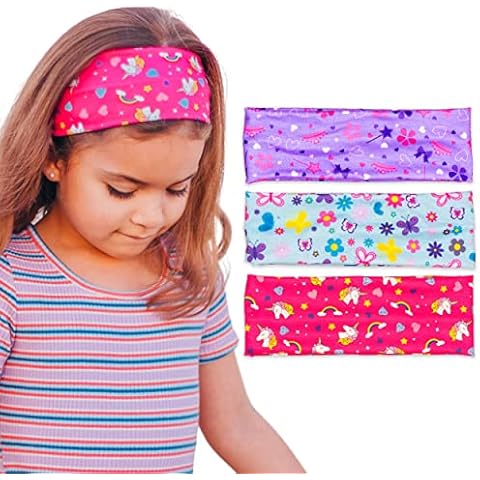 FROG SAC 3 Wide Headbands for Girls, Elastic Butterfly Unicorn Heart Hair Bands for Kids, Soft Fabric Stretch Princess Hair Accessories, Sports Yoga Girl Headband Cover