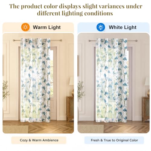 Image of HOKIPO Iris Sheer Curtain 7 Feet Long 1 Panel, Floral Print, Blue