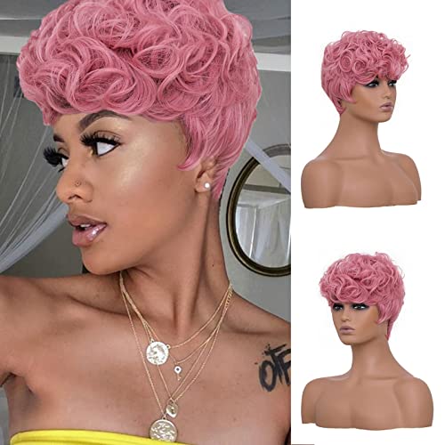 DOcute Short Pink Curly Wig Pixie Cut Curly Wigs for Women Pixie Fluffy Wig with Bangs Pink Pixie Cut Short Curly Wigs halloween Wig Cosplay Wigs for Black women (PINK)