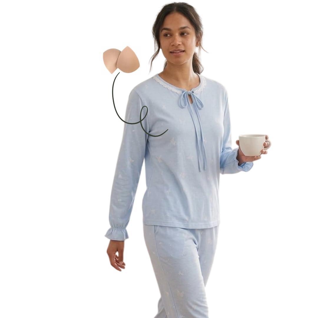 Korean Style Chest Padded Cotton Nightsuit for Women | Sky Blue Printed Full Sleeve Nightwear Set | Soft Cotton Pajama Set with in-Built Bra Pads-image-3