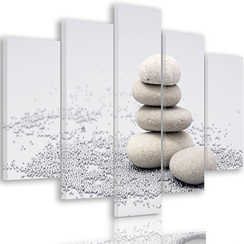 Feeby Frames, Tableau multi panneau 5 parties, Tableau imprimé xxl, Tableau imprimé sur toile, Tableau deco, Pentaptyque Type A, 70x100 cm, COMPOSITION, ZEN, GALETS, SABLE, PYRAMIDE, BLANC