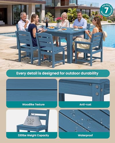 Image of SERWALL 59 inch HDPE Dining Set for 6, w / 1 Table & 6 Chairs, Blue | Armless Patio Dining Sets for All Weather Use