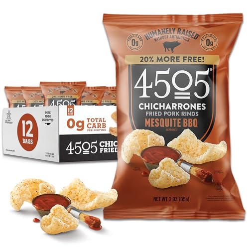 Image of 4505 BBQ Seasoned Chicharrones, Fried Pork Rinds - Barbeque Flavored Pork Skins - Low Carb, Gluten-Free, Protein Snack - 3oz (Pack of 12)