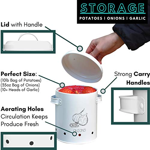 Potato Onion Garlic Storage Bin with Lid - Set of 3 - Kitchen Pantry Organizer and Tin Vegetable Keeper - Vintage White Farmhouse Metal Containers - Counter Fresh Produce Canister Bins by GOVÅ - Thumbnail 5