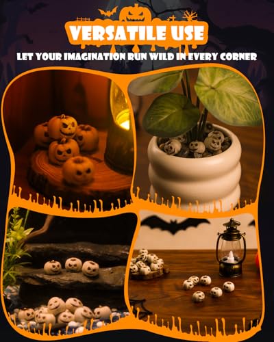 Image of Uniclife 20 Pcs Halloween Mini Pumpkin Decorations, Halloween Fish Tank Decor, Spooky Smiling Face Mini Pumpkins, Jack-O'-Lantern Miniature Vase Fillers, White Resin Artificial Figurines
