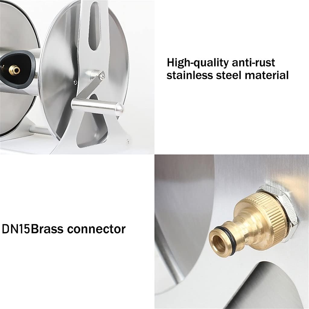 Garden Hose Reel Cart with Hose Wall-Mounted Hose Cart with Storage Table Household Small Portable Water Pipe High Pressure Water Gun Storage Rack Garden Hose Truck (Silver +DN15 30m Green Pipe)