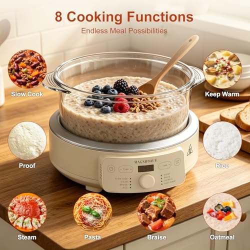 Image of MAGNIFIQUE Slow Cooker, 4.5 Quart 8-in-1 Glass Pot Multi-Cooker, Non-Toxic Slow Cooker with Removable Borosilicate Glass Pot, for Rice, Pasta, Steam & Proof, Oatmeal