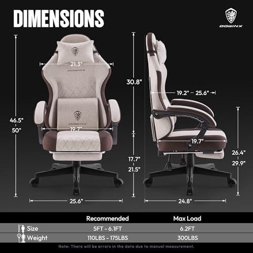 Image of Dowinx Gaming Chair Fabric with Pocket Spring Cushion, High Back Ergonomic Computer Chair with Footrest for Adults, Massage Lumbar Support Swivel Game Chair for Office Gaming 300LBS, Brown