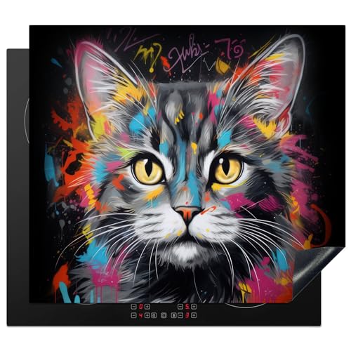 KitchenYeah© Protection Pour Plaque Induction 59x52 cm Plaque de Deco Cuisine Protégé Cache De Cuisson Vitroceramique Chat - Graffiti - Animaux - Couleurs -...