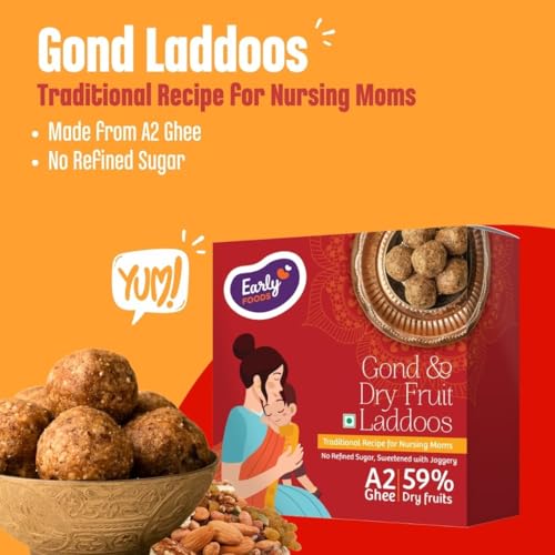 Image of Early Foods Pack of 2: A2 Ghee Gond Laddu, Dry Fruit Laddu Home made | Sugar Free Laddus | Dink Laddoo | Gond Ke Laddu with Jaggery | Dry Fruits Laddu with Jaggery | Desi Ghee postpartum ladoo