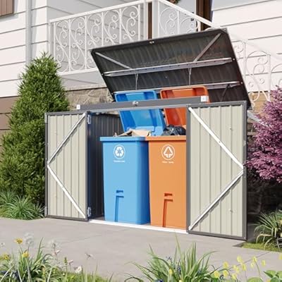Aoxun 80 CU.FT Outdoor Storage Shed Metal Trash Can Storage with Chain Lid Waterproof Outdoor Garbage Can Organizer, Ideal for 2 Trash Bins, Toys, Garden Tools (Black)