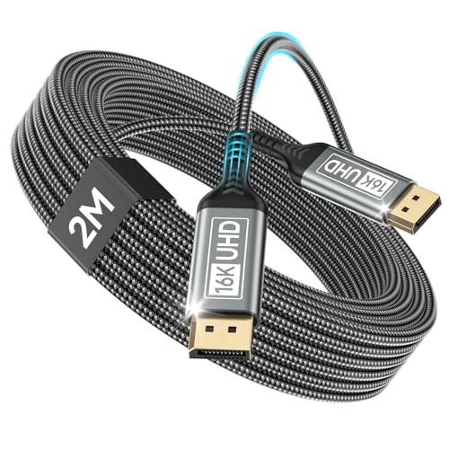 Nersligek DisplayPort Kabel 2.1 2M-DP Kabel Unterstützt 16K@60Hz, 10K@60Hz, 8K@120Hz, 4K@240Hz/165Hz/144Hz, 2K@360Hz/240Hz, 80Gbps, HDR, DSC1.2a, FreeSync, G-Sync für Gaming Monitor, Grafikkarte, PC