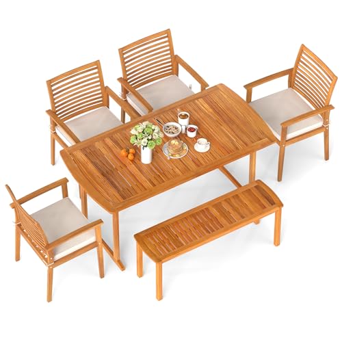 Tangkula 6 Pieces Outdoor Acacia Wood Dining Set, Rectangle Patio Dining Table with Umbrella Hole and 4 Cushioned Chairs and Bench, for Backyard Garden Poolside Deck