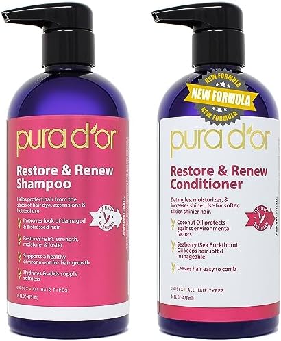 PURA D'OR Restore & Renew Shampoo and Conditioner Set for Strong, Healthy, and Nourished Hair with Organic Aloe Vera, Rosemary, Sea Buckthorn, Cacay, Coconut, Seaberry & Cedarwood