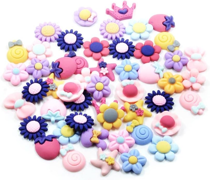 JAZZY PEARLS® 50 Pieces Lots Mixed DIY Kawaii Flatbacks Resin Flat Back Flowers Star Lollipop Cabochon Buttons Scrapbooking Slime Charm DIY Embellishment Craft