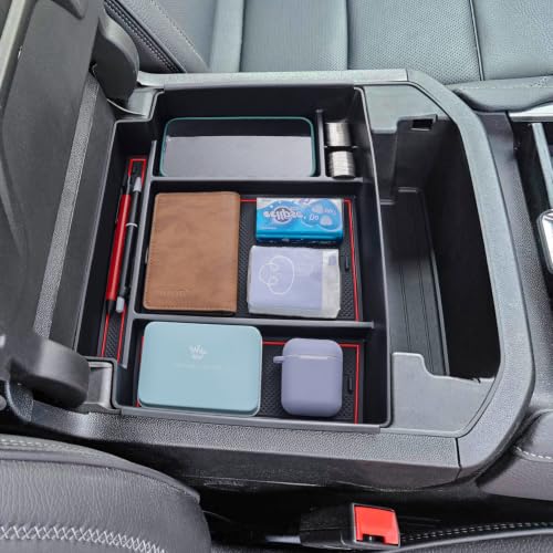 Image of TOPINSTALL 2026 Power-Sliding Console Tray Compatible with 2021-2026 Chevy Tahoe /Suburban /GMC Yukon Accessories, Red Full-Size Armrest Organizer (Not for Standard Console with Charging Socket!)