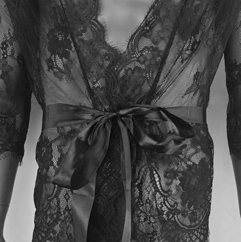 Mens Lace Robe Mesh Sheer Bathrobe Solid Color Long Sleeve Maxi Beach Cover Ups Nightgown 5