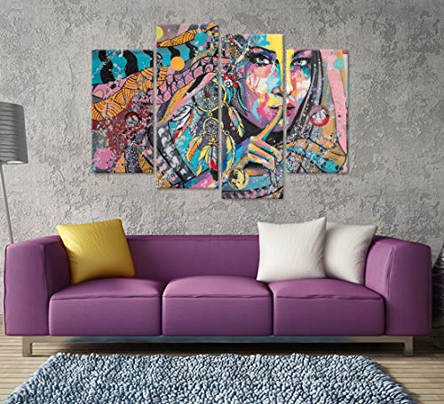 Ihappywall 4 Panel Native American Indians Girl Feathered Beautiful Women Canvas Wall Art Abstract Colorful Artwork Stretched And Framed For Bedroom Moderm Home Decoration Gifts Ready To Hang #TOP3