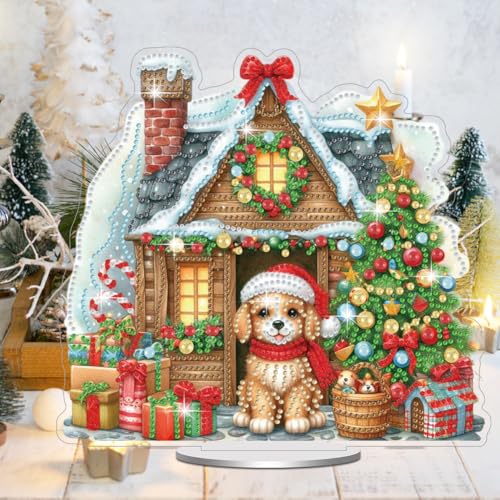 Starnearby DIY Diamond Painting Weihnachten Tisch Deko, 5D Diamant Painting Weihnachten Neu, Diamond Painting Winter Stehend Kunst Set für Anfänger Hausgeschenk Deko (Hundehütte)