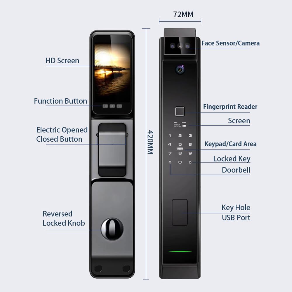 Matybobe Serrure à empreinte digitale intelligente avec caméra HD, serrure de porte biométrique avec reconnaissance faciale intelligente et poignée, 6 modes de déverrouillage, pour portes de 40–120 mm