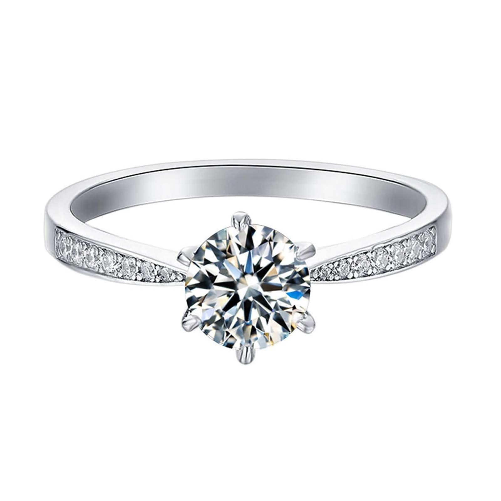 Eheringe für Damen, Ehering für Damen, Vintage-Stil, 6 Zinken, Solitär-Design, Silber mit weißem, rundem, brillantem Moissanit-Sterlingsilber
