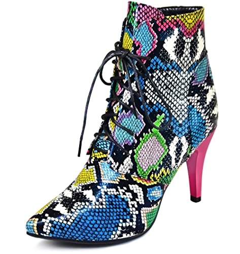 Quimeir Women's Sexy Stilettos Snakeskin Ankle Booties, Pointed Toe Lace Up High Heeled Boots
