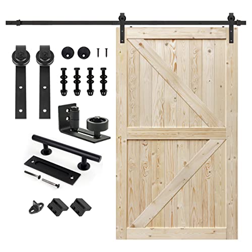 S&Z TOPHAND 48 in. x 80 in. Unfinished British Brace Knotty Barn Door with 8FT Sliding Door Hardware Kit/Solid Wood/Sliding Door/Double Surfaces/Simple Assembly is Required