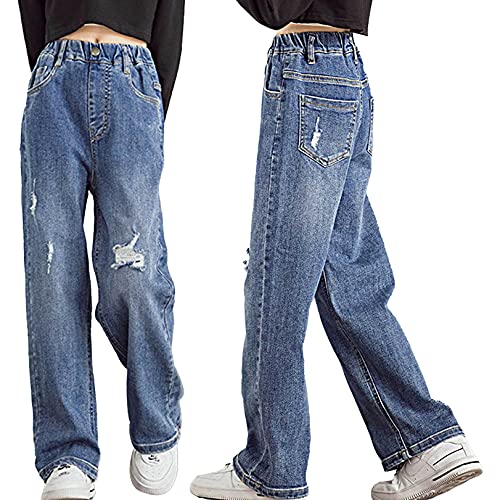 JEATHA Girls Jeans Straight Leg Denim Pants Elastic Waist Wide-Leg Baggy Trousers Y2K Fashion Streetwear