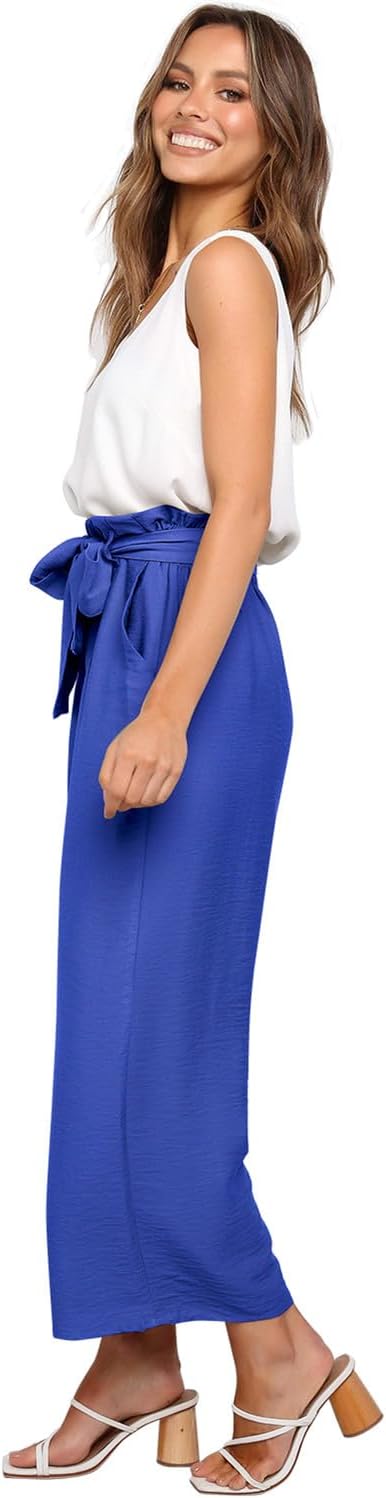 FANCYINN Womens 2 Piece Set V Neck Tank Wide Strap Tops High Waisted Cropped Paper Bag Pants with Belt