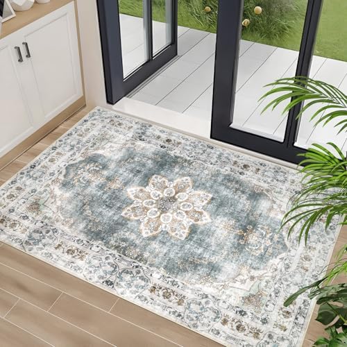 Area Rug 2×3 Washable Rug for Entryway Indoor, Vintage Floral Small Area Rug Soft Non Slip Stain Resistant Carpet for Front Door Kitchen Bedroom Dinning Room Green