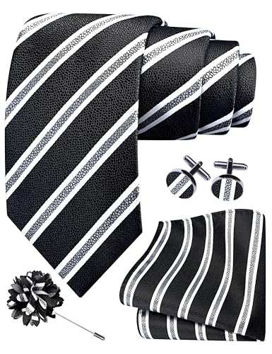 Image of GUSLESON 3.15 inch（8cm） Mens Stripe Tie and Lapel Pin Necktie Hankerchief Cufflinks Set for Men