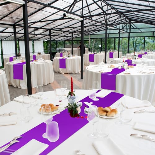 Image of 12Pack 12x108 Inch Satin Table Runner and 84 Inch Round Plastic Tablecloths Set White Purple Disposable Round Table Cover for Graduation Wedding Bridal Shower Anniversary Birthday Party Decorations