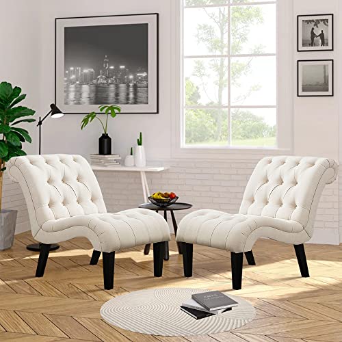 Yongqiang Accent Chairs For Living Room Set Of 2 Upholstered Tufted Bedroom Chairs Curved Armless Side Chairs With Wood Legs Linen Fabric #TOP2