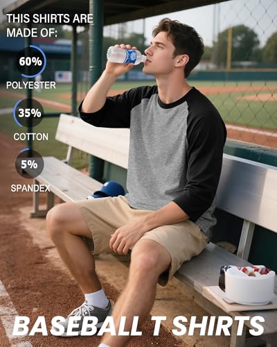 Huukeay 3 Pack Men's 3/4 Sleeve Shirts Cotton Crew Neck Baseball T Shirts Moisture Wicking Athletic Tops2