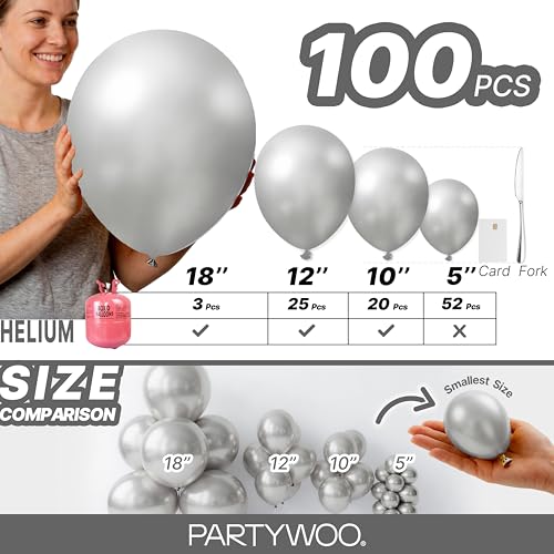 Image of PartyWoo Silver Balloons 100pcs Different Sizes of 18 12 10 5 Inch Silver Balloon Arch Kit Garland for Birthday Graduation Bachelorette Engagement Bridal Shower Wedding Party Decorations Silver-G102